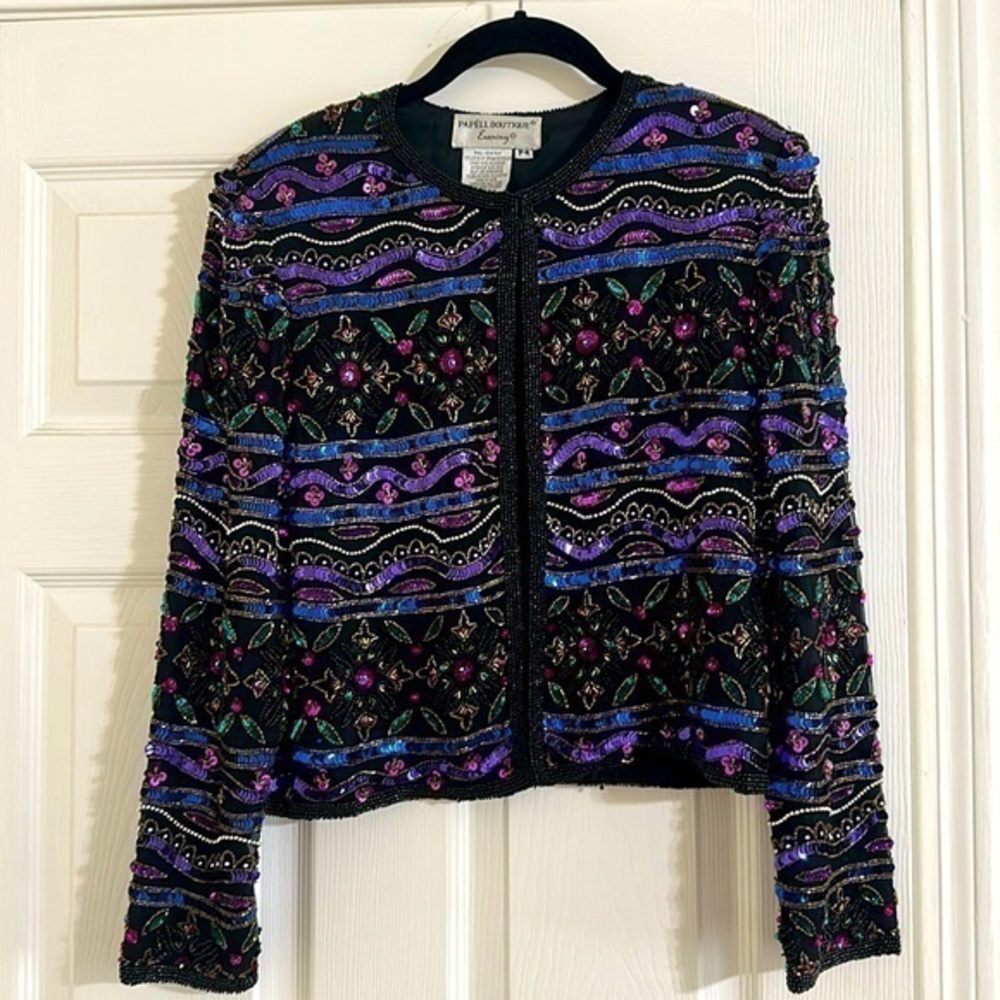 Papell Boutique Evening sequin shrug top long sleeve jacket blouse size P4